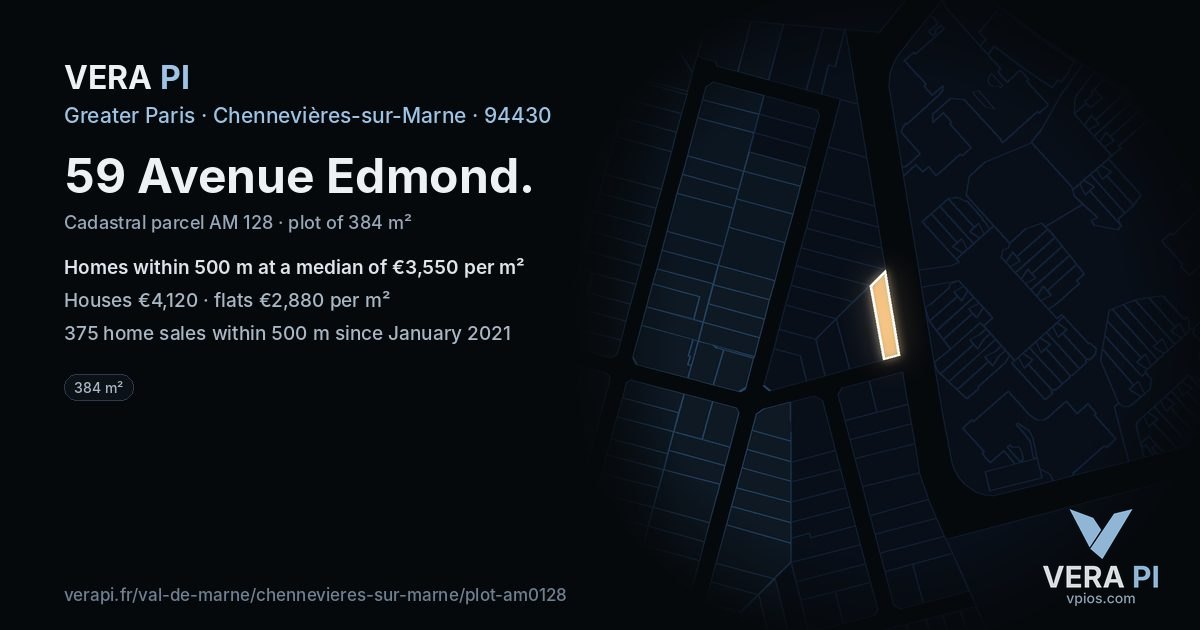 59 Avenue Edmond, Chennevières-sur-Marne at night – the plot lit, the parcels around coloured by the prices near them