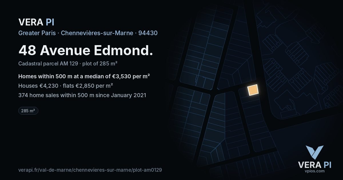 48 Avenue Edmond, Chennevières-sur-Marne at night – the plot lit, the parcels around coloured by the prices near them