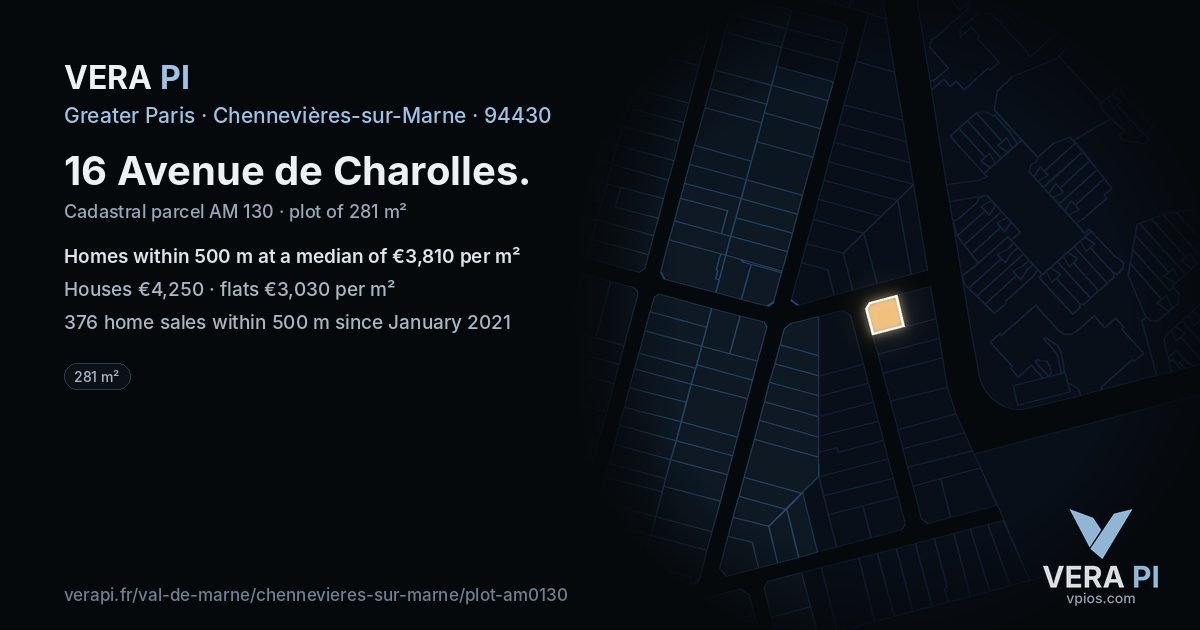16 Avenue de Charolles, Chennevières-sur-Marne at night – the plot lit, the parcels around coloured by the prices near them