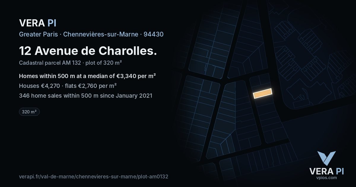 12 Avenue de Charolles, Chennevières-sur-Marne at night – the plot lit, the parcels around coloured by the prices near them
