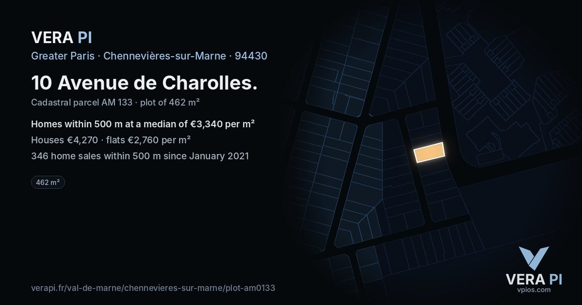 10 Avenue de Charolles, Chennevières-sur-Marne at night – the plot lit, the parcels around coloured by the prices near them