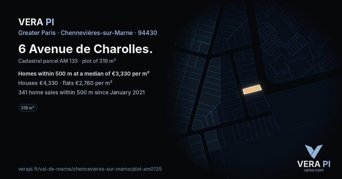 6 Avenue de Charolles, Chennevières-sur-Marne at night – the plot lit, the parcels around coloured by the prices near them