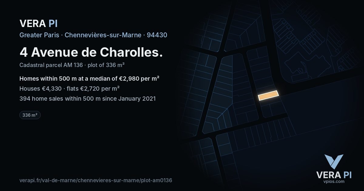 4 Avenue de Charolles, Chennevières-sur-Marne at night – the plot lit, the parcels around coloured by the prices near them