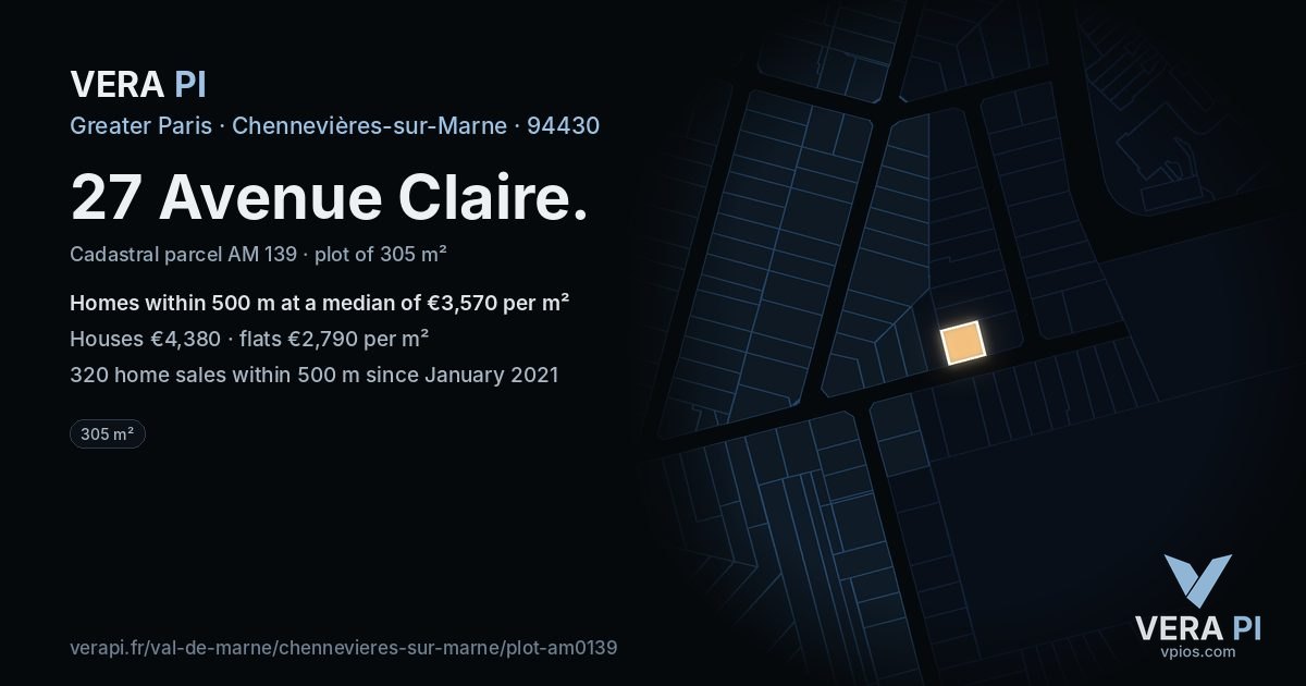 27 Avenue Claire, Chennevières-sur-Marne at night – the plot lit, the parcels around coloured by the prices near them