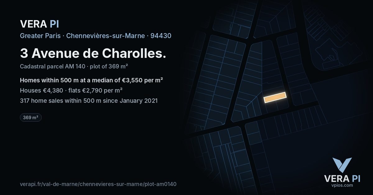 3 Avenue de Charolles, Chennevières-sur-Marne at night – the plot lit, the parcels around coloured by the prices near them