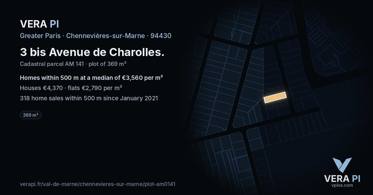 3 bis Avenue de Charolles, Chennevières-sur-Marne at night – the plot lit, the parcels around coloured by the prices near them