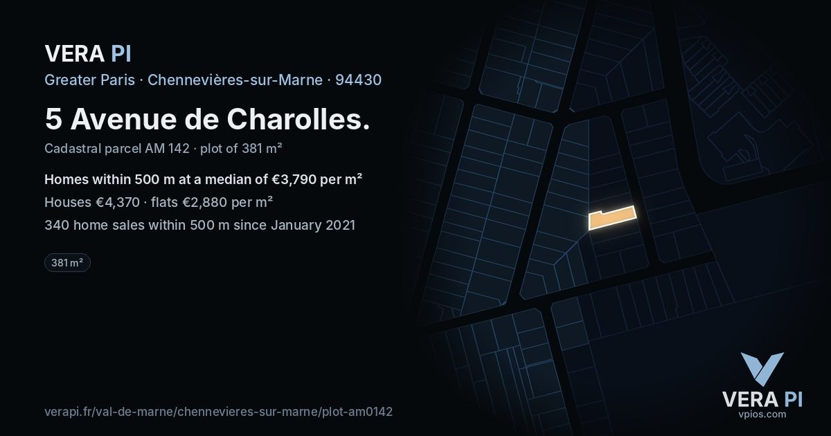 5 Avenue de Charolles, Chennevières-sur-Marne at night – the plot lit, the parcels around coloured by the prices near them
