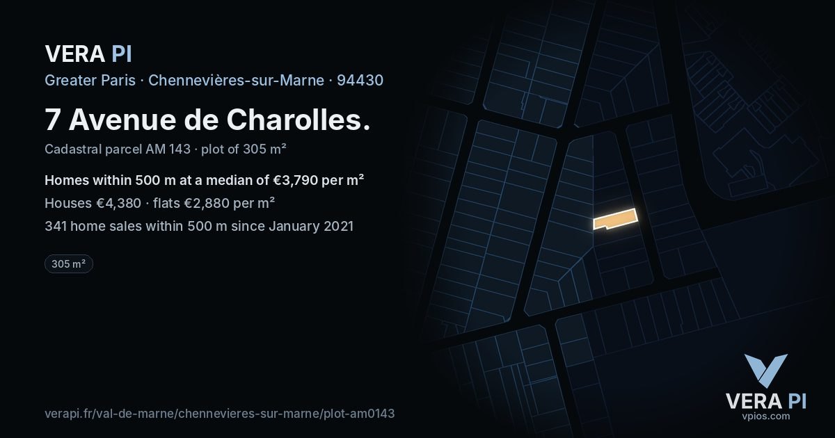 7 Avenue de Charolles, Chennevières-sur-Marne at night – the plot lit, the parcels around coloured by the prices near them