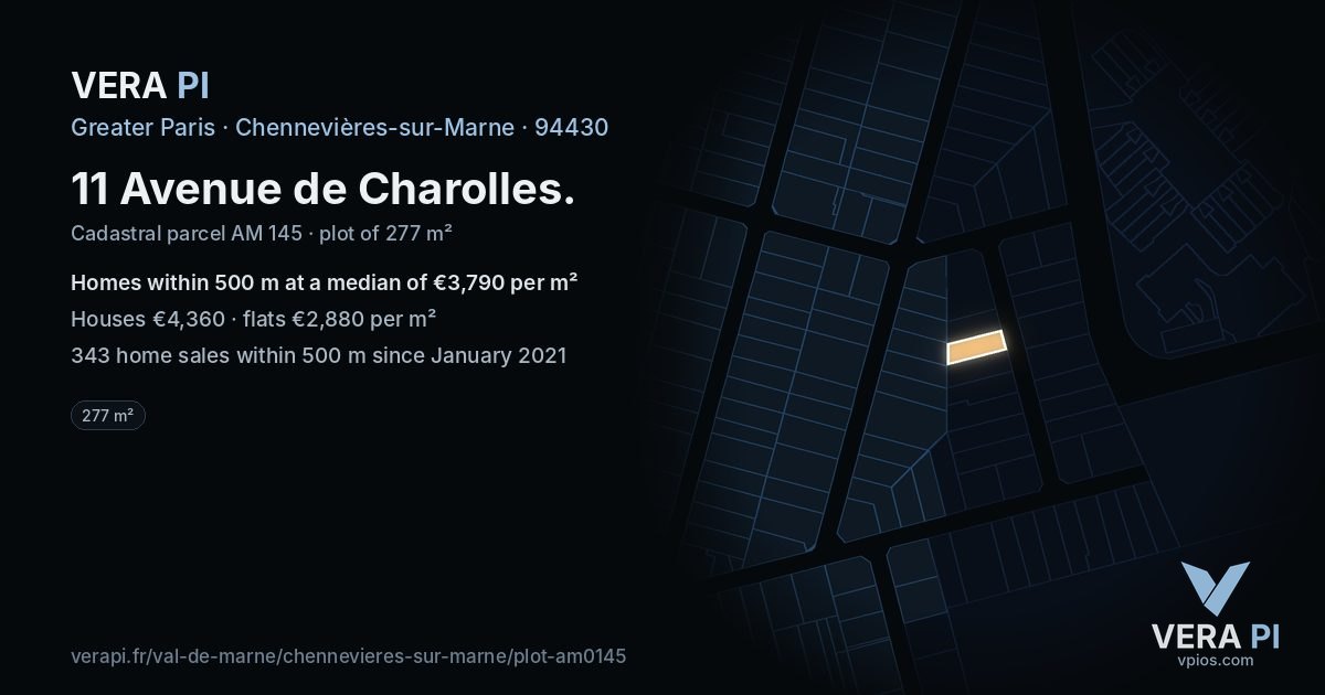 11 Avenue de Charolles, Chennevières-sur-Marne at night – the plot lit, the parcels around coloured by the prices near them