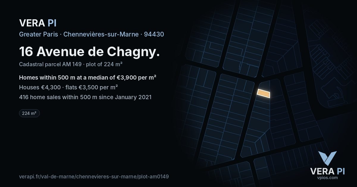 16 Avenue de Chagny, Chennevières-sur-Marne at night – the plot lit, the parcels around coloured by the prices near them