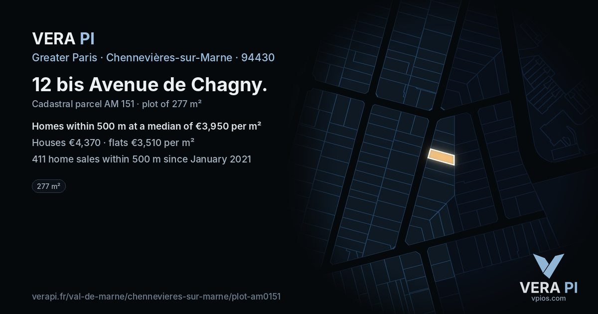 12 bis Avenue de Chagny, Chennevières-sur-Marne at night – the plot lit, the parcels around coloured by the prices near them