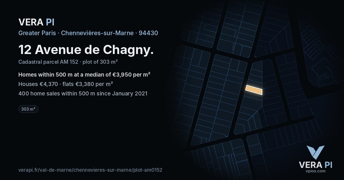 12 Avenue de Chagny, Chennevières-sur-Marne at night – the plot lit, the parcels around coloured by the prices near them
