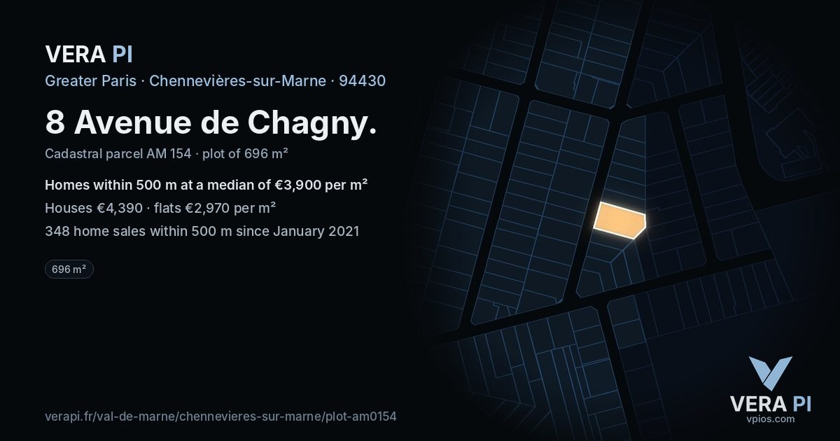 8 Avenue de Chagny, Chennevières-sur-Marne at night – the plot lit, the parcels around coloured by the prices near them