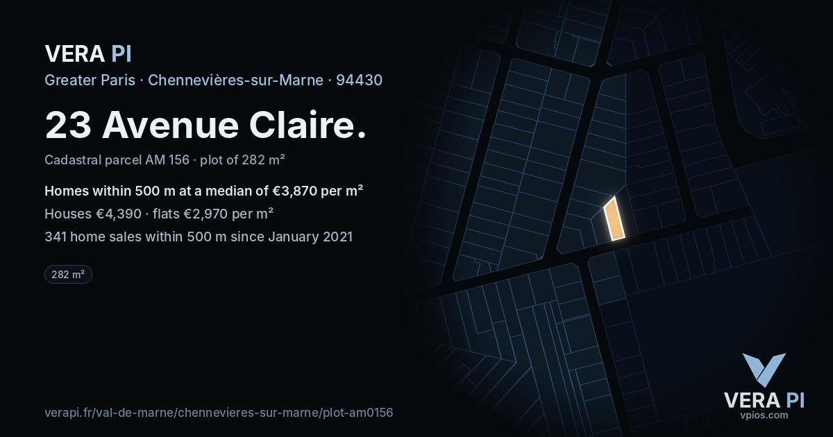 23 Avenue Claire, Chennevières-sur-Marne at night – the plot lit, the parcels around coloured by the prices near them