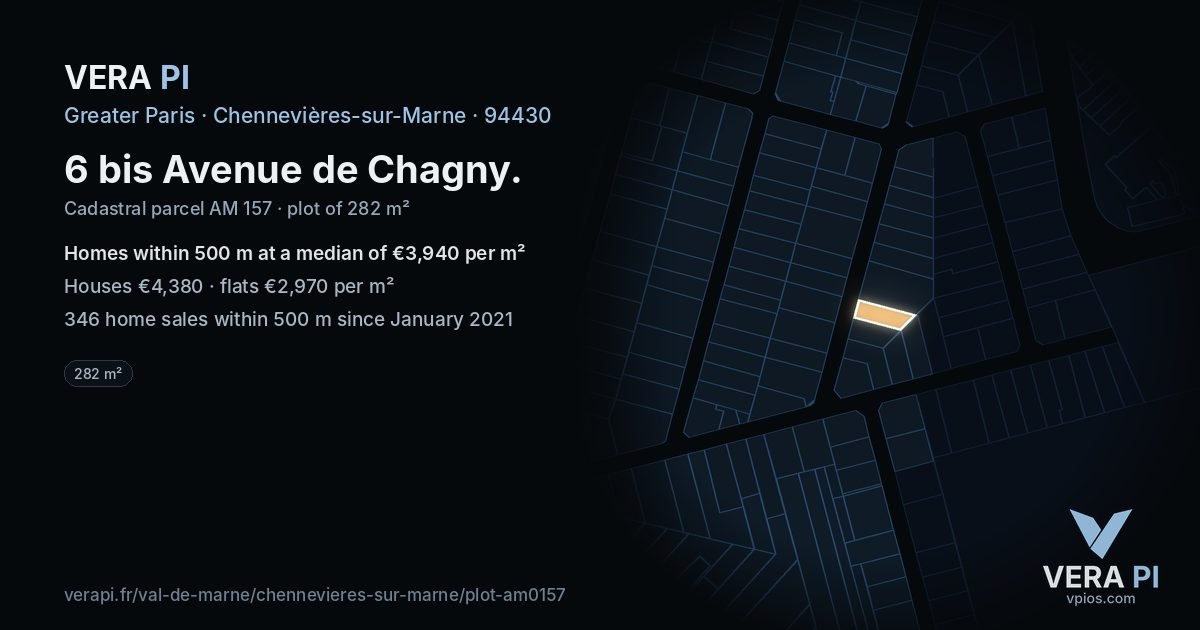 6 bis Avenue de Chagny, Chennevières-sur-Marne at night – the plot lit, the parcels around coloured by the prices near them
