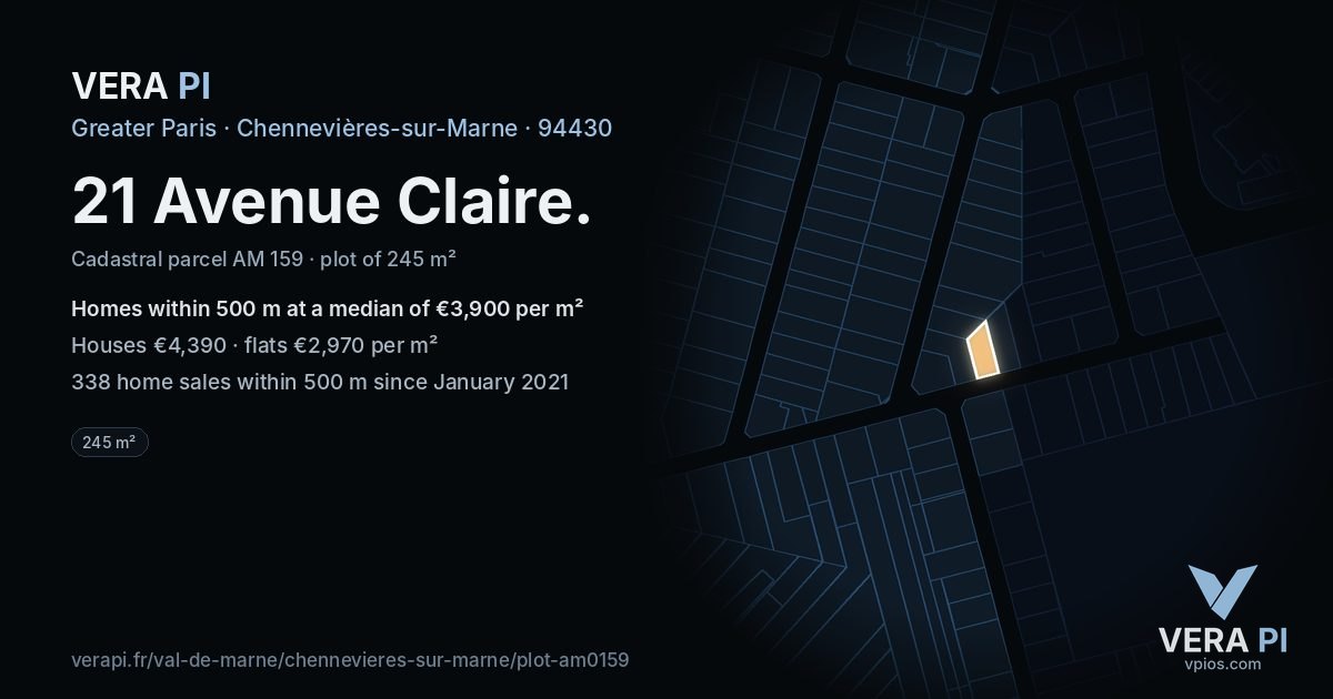 21 Avenue Claire, Chennevières-sur-Marne at night – the plot lit, the parcels around coloured by the prices near them