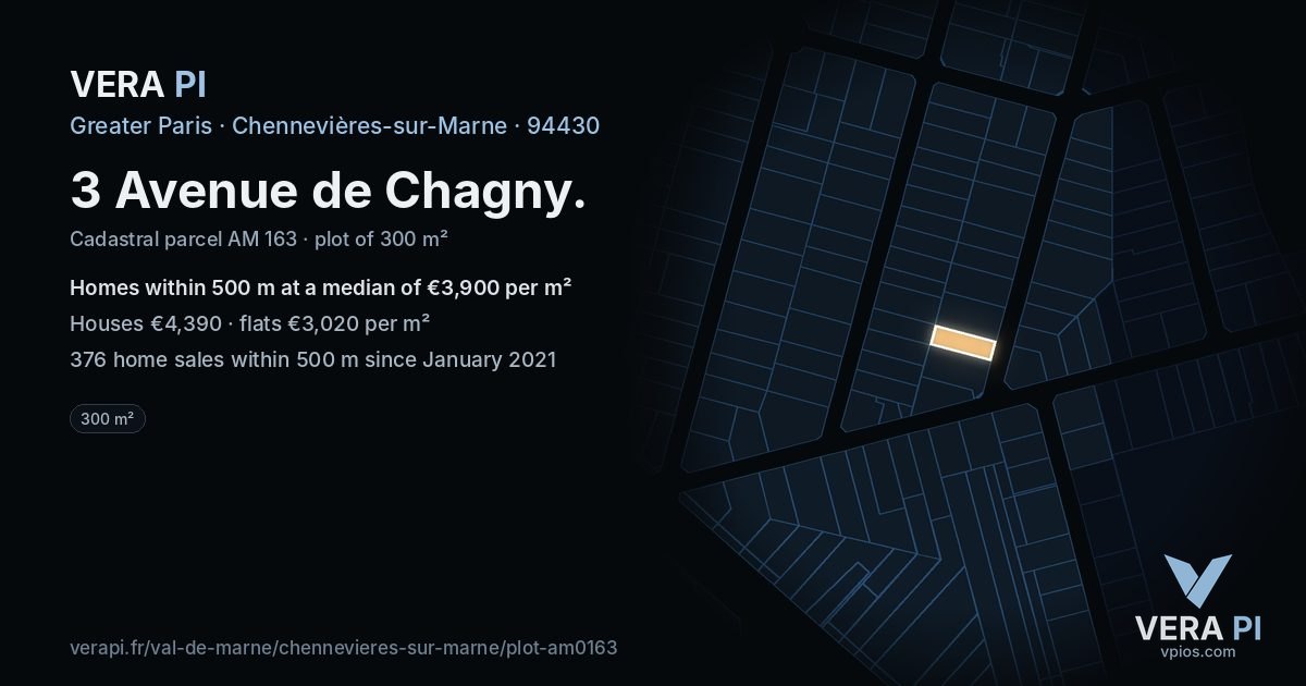 3 Avenue de Chagny, Chennevières-sur-Marne at night – the plot lit, the parcels around coloured by the prices near them