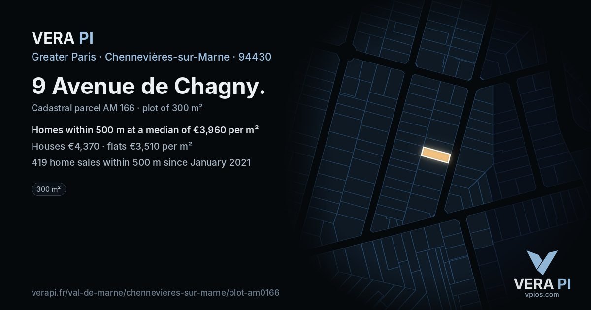 9 Avenue de Chagny, Chennevières-sur-Marne at night – the plot lit, the parcels around coloured by the prices near them