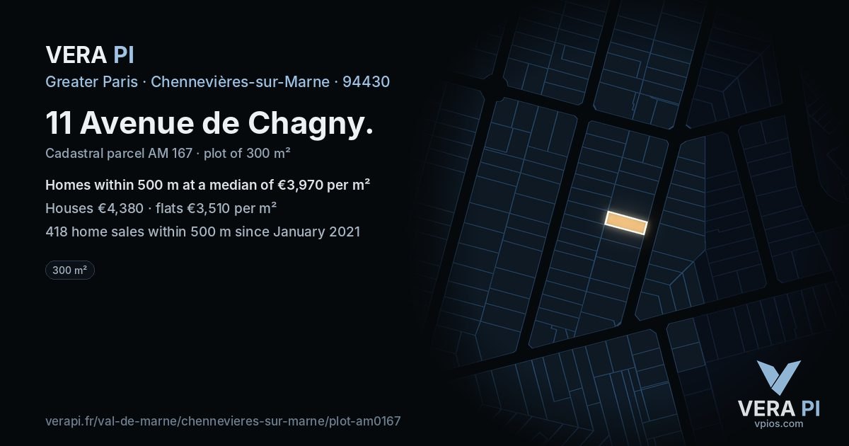 11 Avenue de Chagny, Chennevières-sur-Marne at night – the plot lit, the parcels around coloured by the prices near them