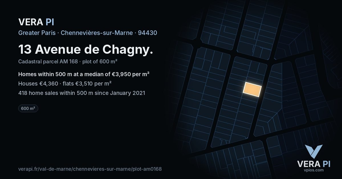 13 Avenue de Chagny, Chennevières-sur-Marne at night – the plot lit, the parcels around coloured by the prices near them