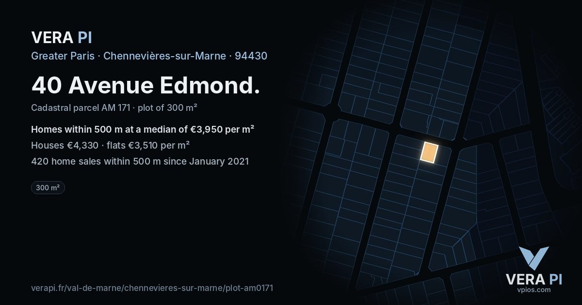 40 Avenue Edmond, Chennevières-sur-Marne at night – the plot lit, the parcels around coloured by the prices near them