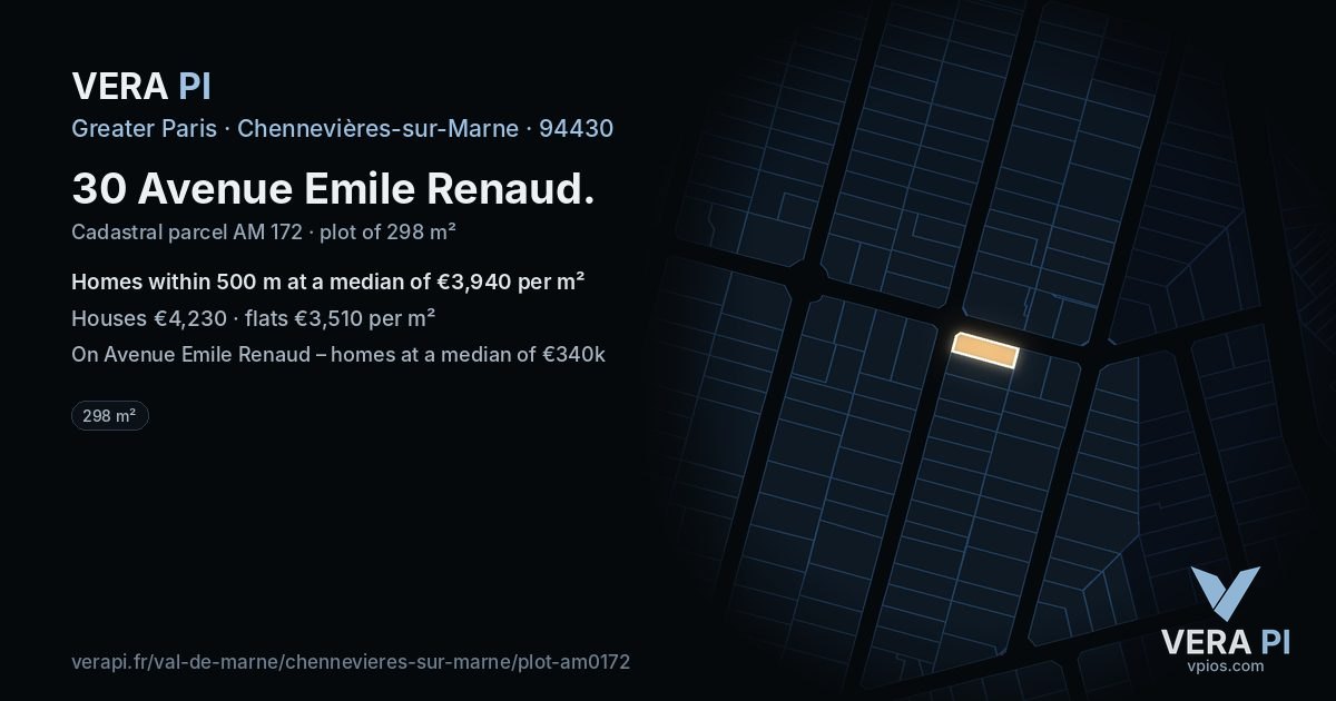 30 Avenue Emile Renaud, Chennevières-sur-Marne at night – the plot lit, the parcels around coloured by the prices near them