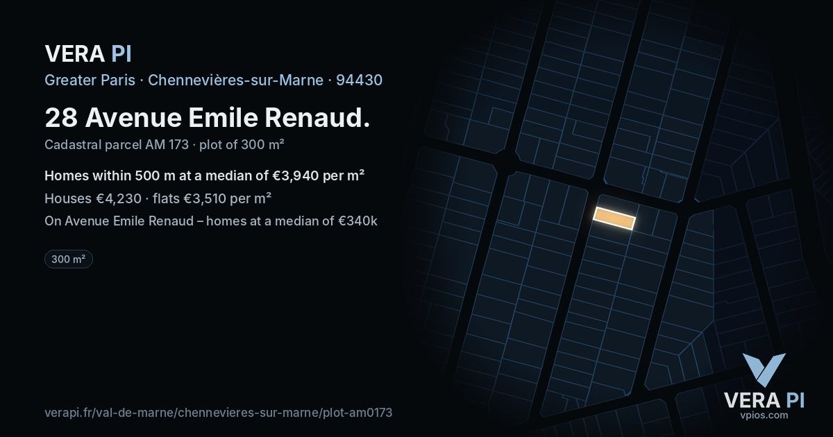 28 Avenue Emile Renaud, Chennevières-sur-Marne at night – the plot lit, the parcels around coloured by the prices near them