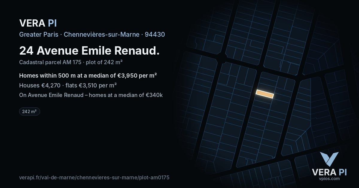 24 Avenue Emile Renaud, Chennevières-sur-Marne at night – the plot lit, the parcels around coloured by the prices near them