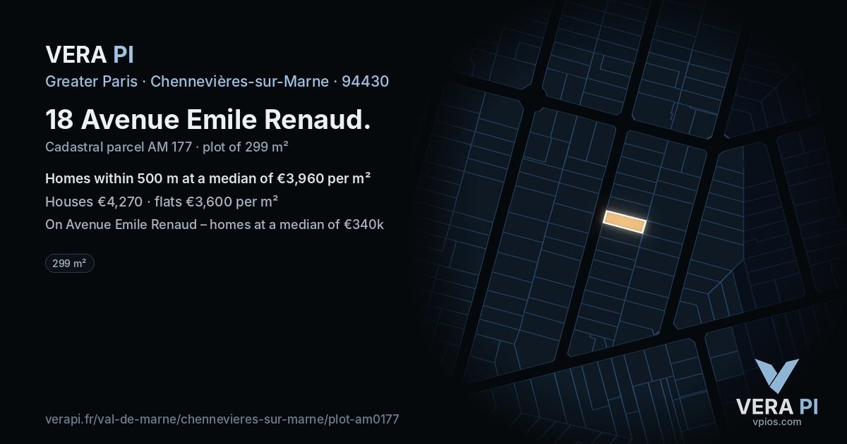 18 Avenue Emile Renaud, Chennevières-sur-Marne at night – the plot lit, the parcels around coloured by the prices near them