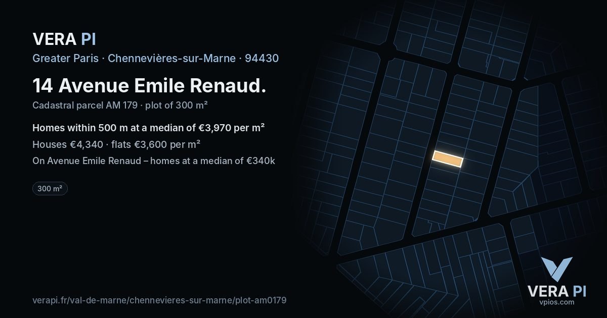 14 Avenue Emile Renaud, Chennevières-sur-Marne at night – the plot lit, the parcels around coloured by the prices near them