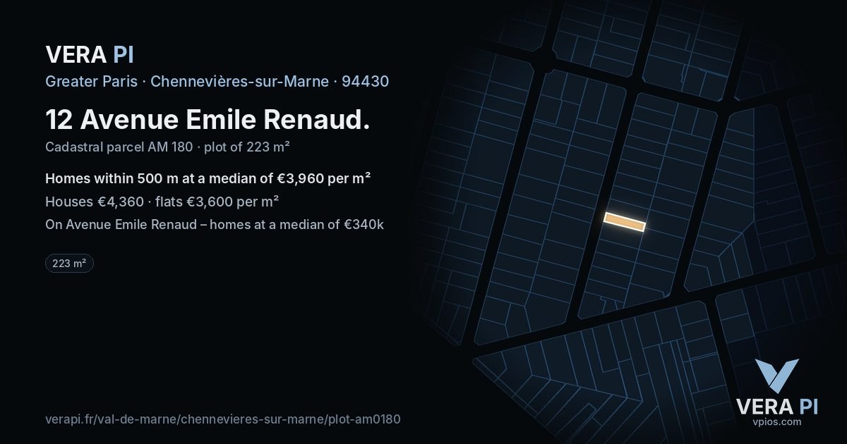 12 Avenue Emile Renaud, Chennevières-sur-Marne at night – the plot lit, the parcels around coloured by the prices near them