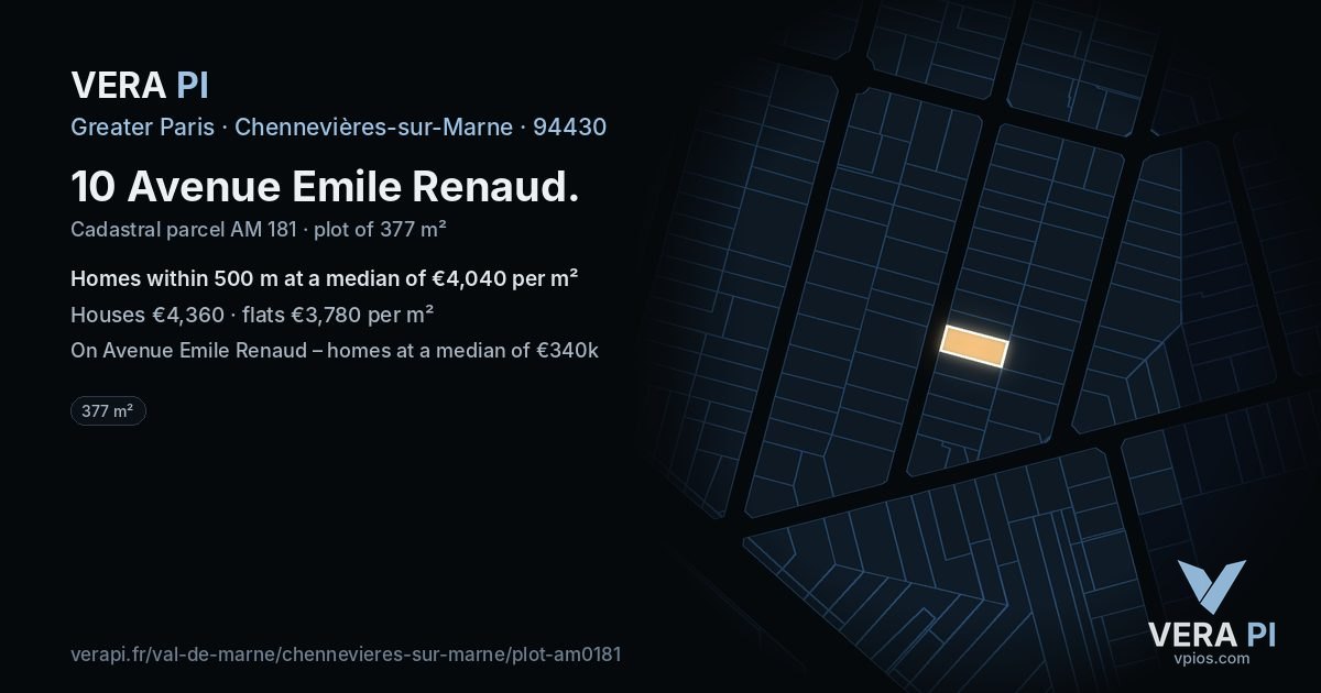 10 Avenue Emile Renaud, Chennevières-sur-Marne at night – the plot lit, the parcels around coloured by the prices near them