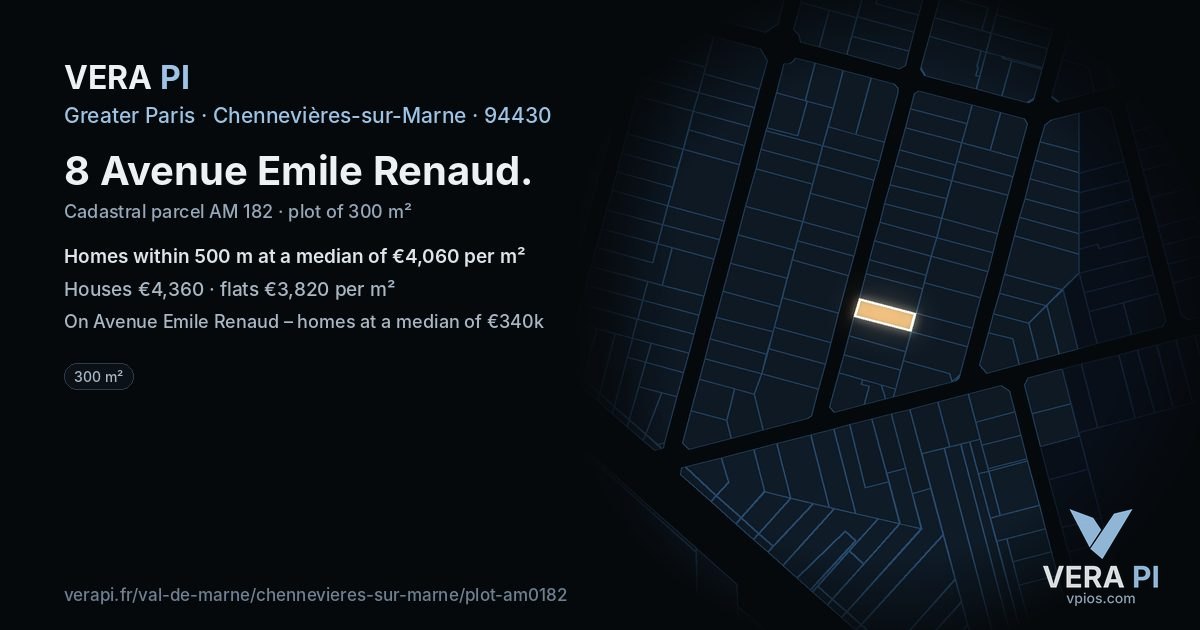 8 Avenue Emile Renaud, Chennevières-sur-Marne at night – the plot lit, the parcels around coloured by the prices near them