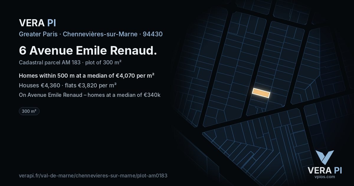 6 Avenue Emile Renaud, Chennevières-sur-Marne at night – the plot lit, the parcels around coloured by the prices near them