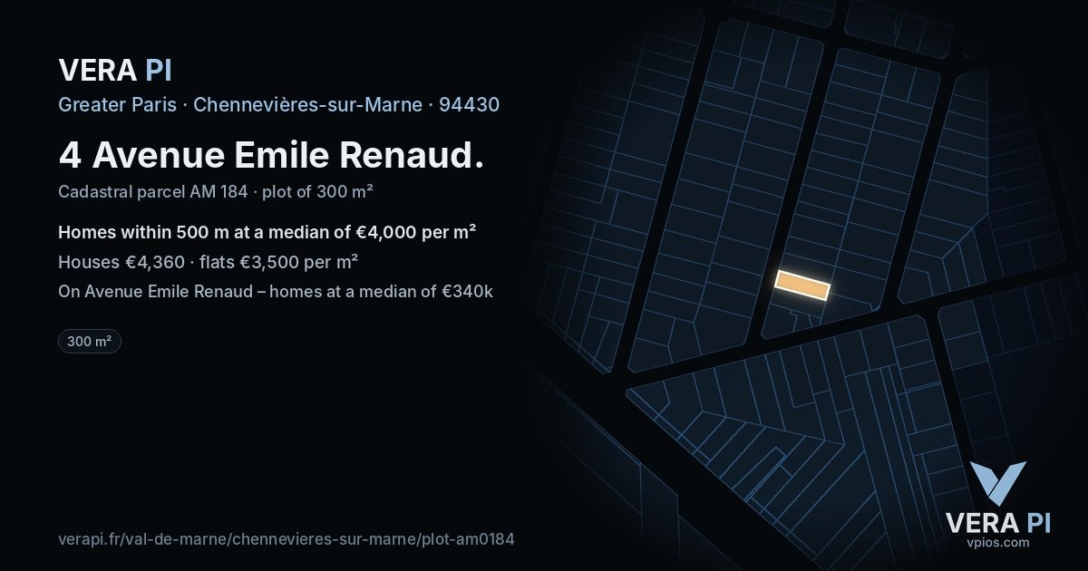 4 Avenue Emile Renaud, Chennevières-sur-Marne at night – the plot lit, the parcels around coloured by the prices near them