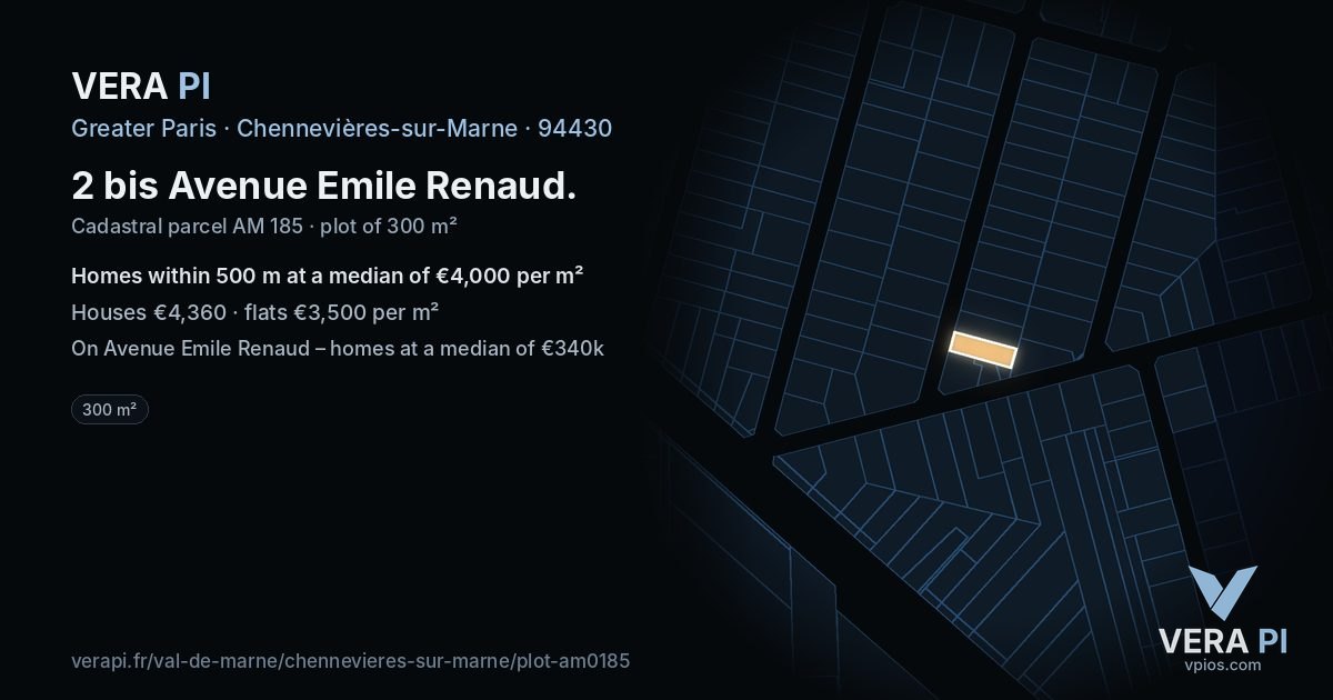 2 bis Avenue Emile Renaud, Chennevières-sur-Marne at night – the plot lit, the parcels around coloured by the prices near them