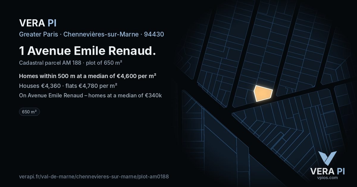 1 Avenue Emile Renaud, Chennevières-sur-Marne at night – the plot lit, the parcels around coloured by the prices near them