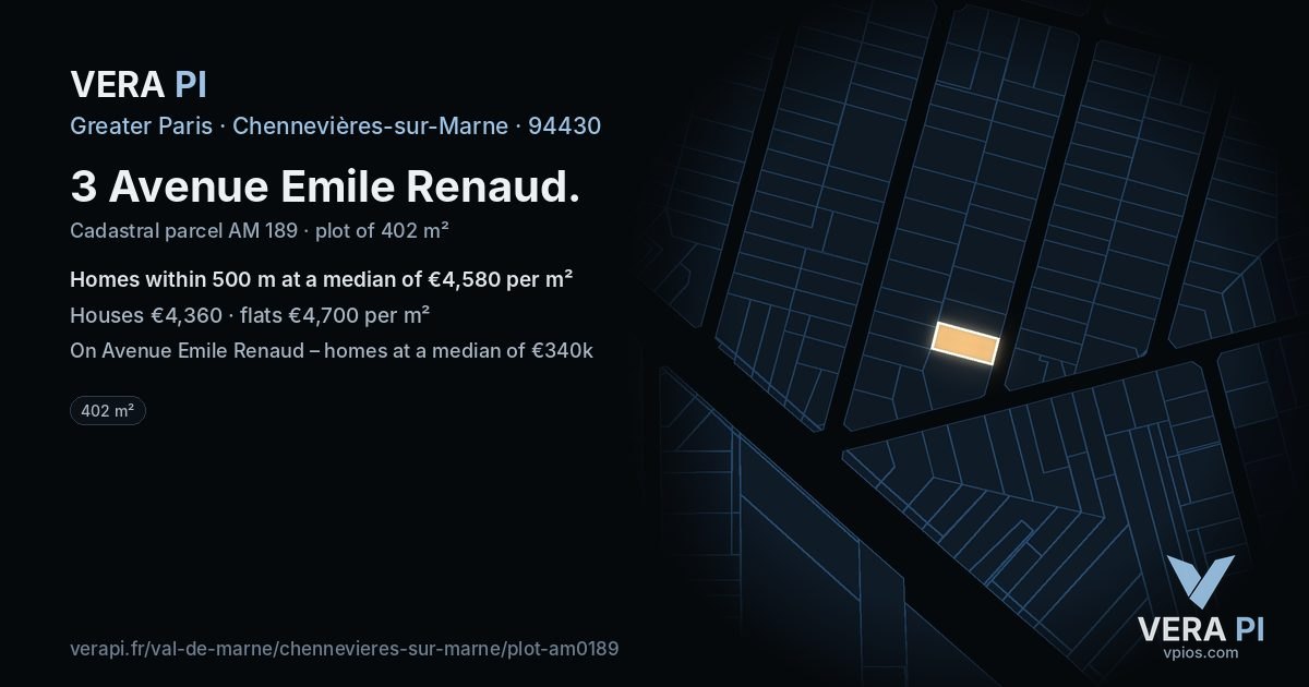 3 Avenue Emile Renaud, Chennevières-sur-Marne at night – the plot lit, the parcels around coloured by the prices near them