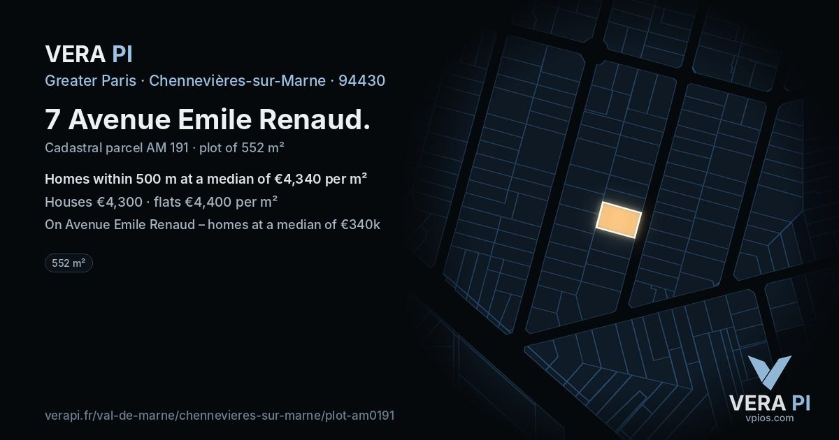 7 Avenue Emile Renaud, Chennevières-sur-Marne at night – the plot lit, the parcels around coloured by the prices near them