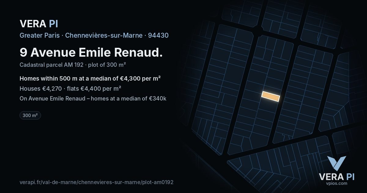 9 Avenue Emile Renaud, Chennevières-sur-Marne at night – the plot lit, the parcels around coloured by the prices near them