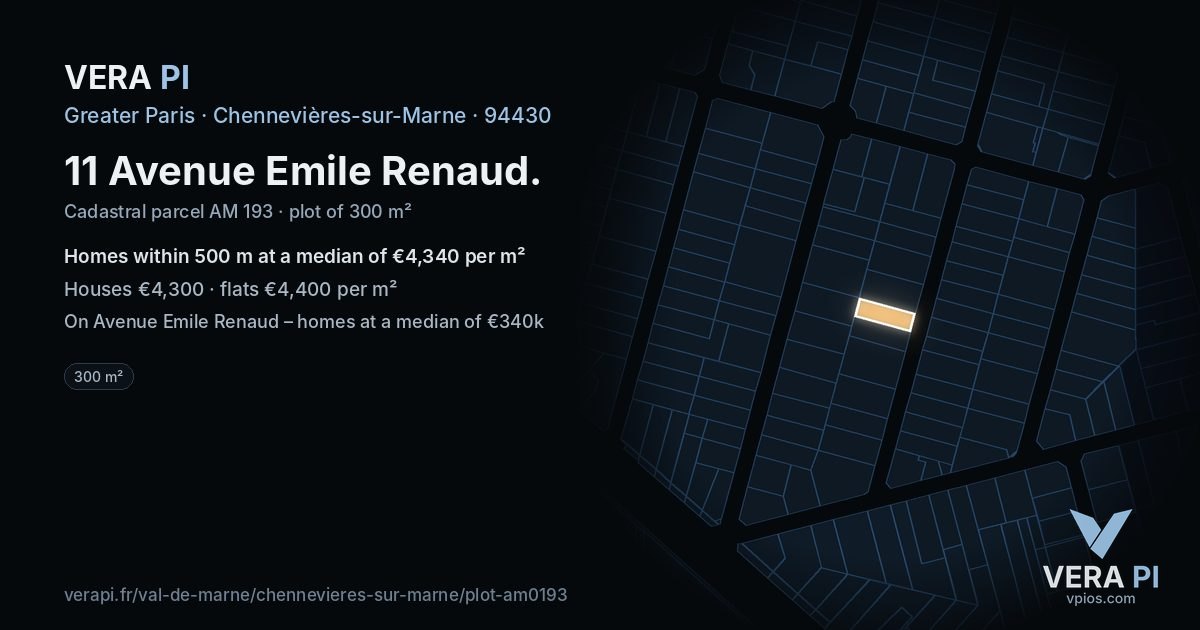 11 Avenue Emile Renaud, Chennevières-sur-Marne at night – the plot lit, the parcels around coloured by the prices near them