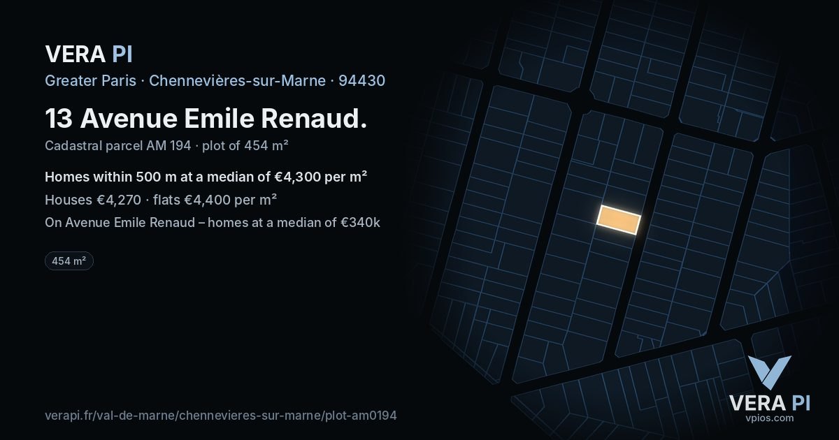13 Avenue Emile Renaud, Chennevières-sur-Marne at night – the plot lit, the parcels around coloured by the prices near them