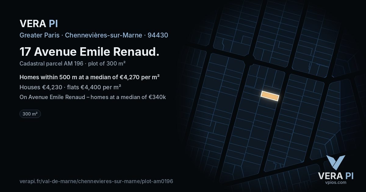17 Avenue Emile Renaud, Chennevières-sur-Marne at night – the plot lit, the parcels around coloured by the prices near them
