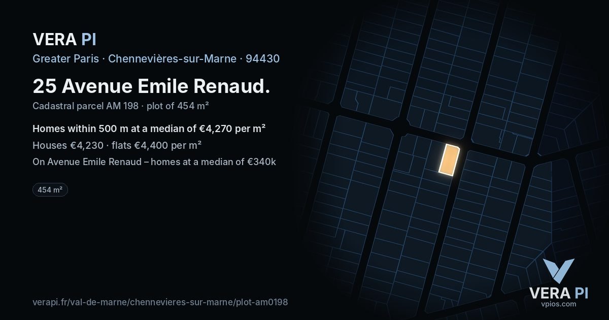 25 Avenue Emile Renaud, Chennevières-sur-Marne at night – the plot lit, the parcels around coloured by the prices near them