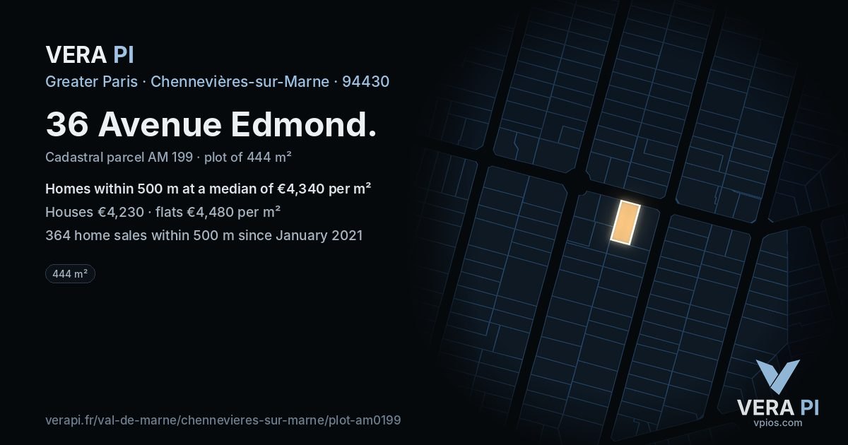 36 Avenue Edmond, Chennevières-sur-Marne at night – the plot lit, the parcels around coloured by the prices near them