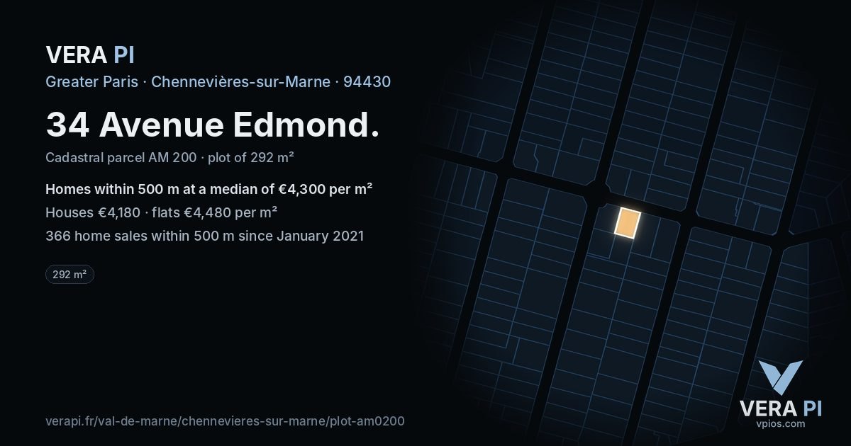 34 Avenue Edmond, Chennevières-sur-Marne at night – the plot lit, the parcels around coloured by the prices near them