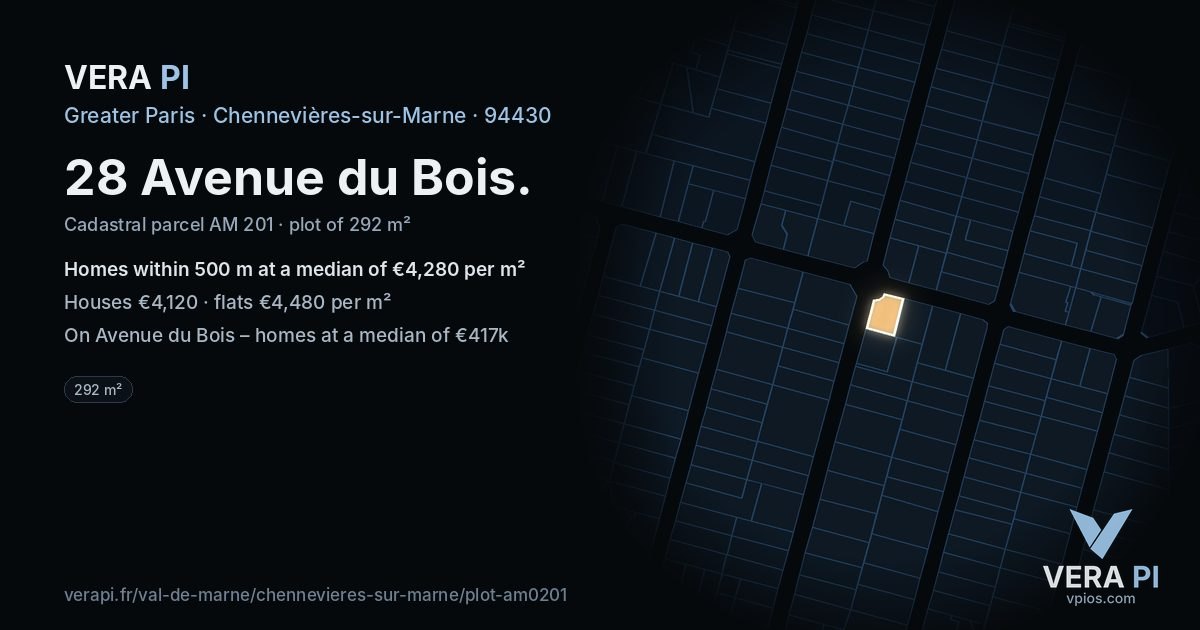 28 Avenue du Bois, Chennevières-sur-Marne at night – the plot lit, the parcels around coloured by the prices near them