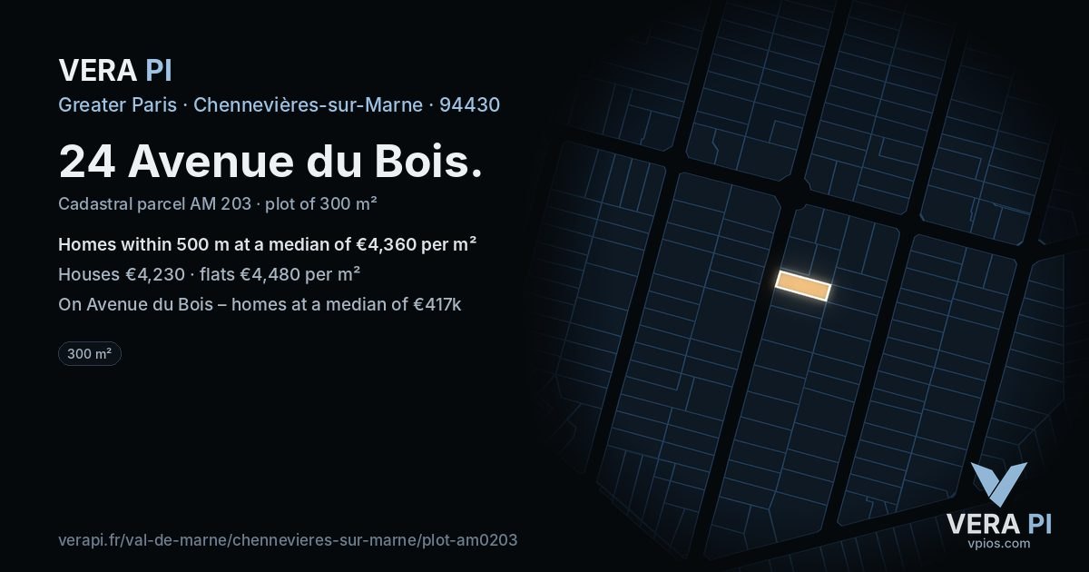 24 Avenue du Bois, Chennevières-sur-Marne at night – the plot lit, the parcels around coloured by the prices near them