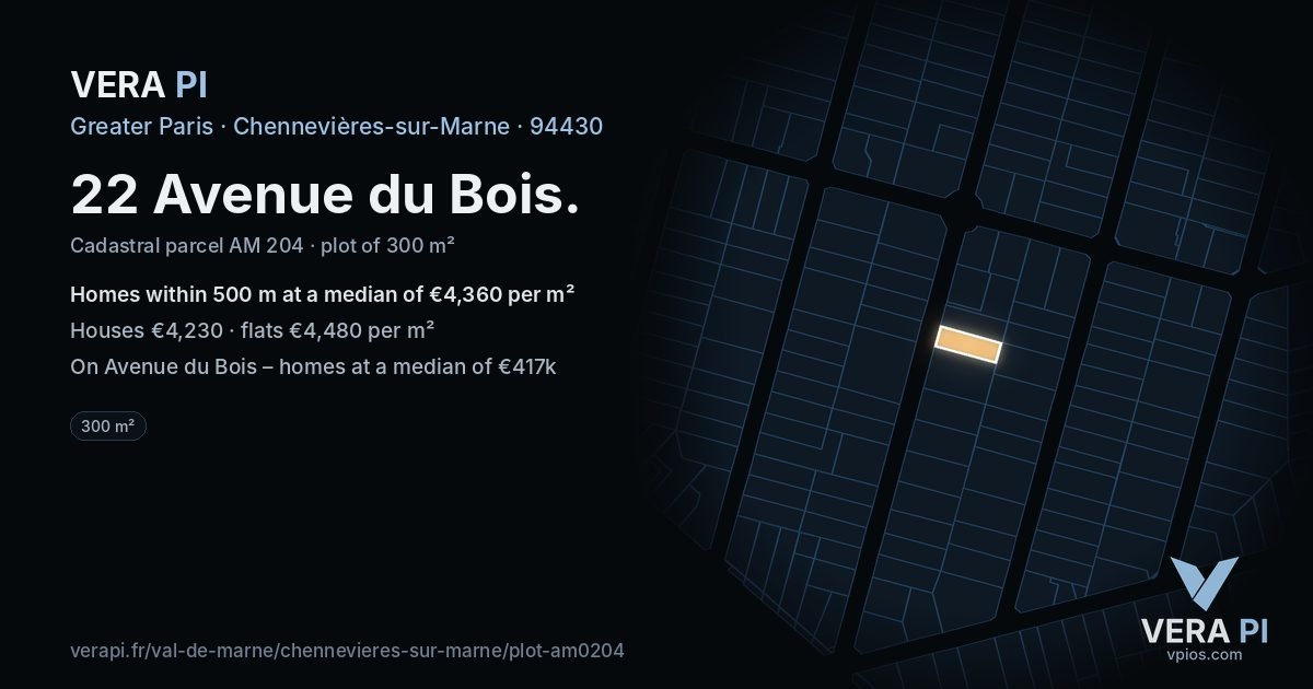 22 Avenue du Bois, Chennevières-sur-Marne at night – the plot lit, the parcels around coloured by the prices near them