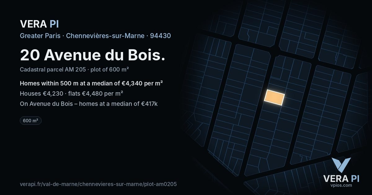 20 Avenue du Bois, Chennevières-sur-Marne at night – the plot lit, the parcels around coloured by the prices near them